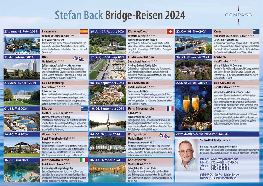 Bridge Reiseprogramm 2024, COMPASS Bridge-Reisen mit Stefan Back